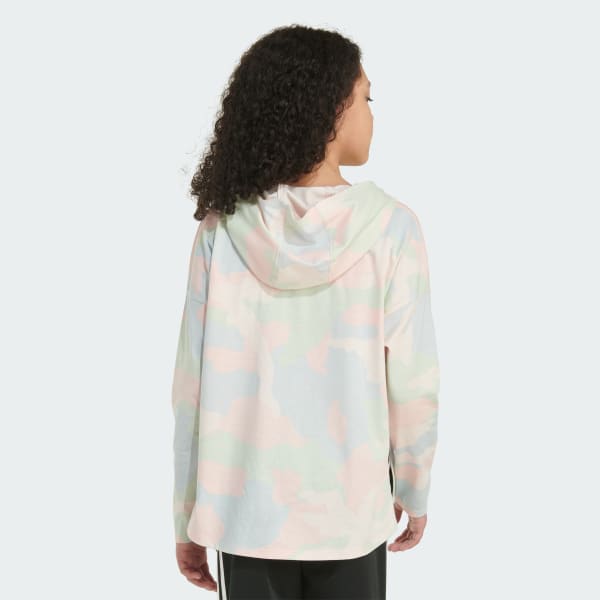 All Over Print Long Sleeve Curve Hem Hooded Tee