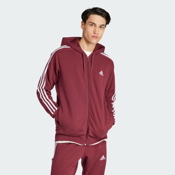 Burgundy Essentials French Terry 3-Stripes Full-Zip Hoodie