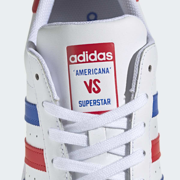 adidas superstar white red and blue stripe trainers