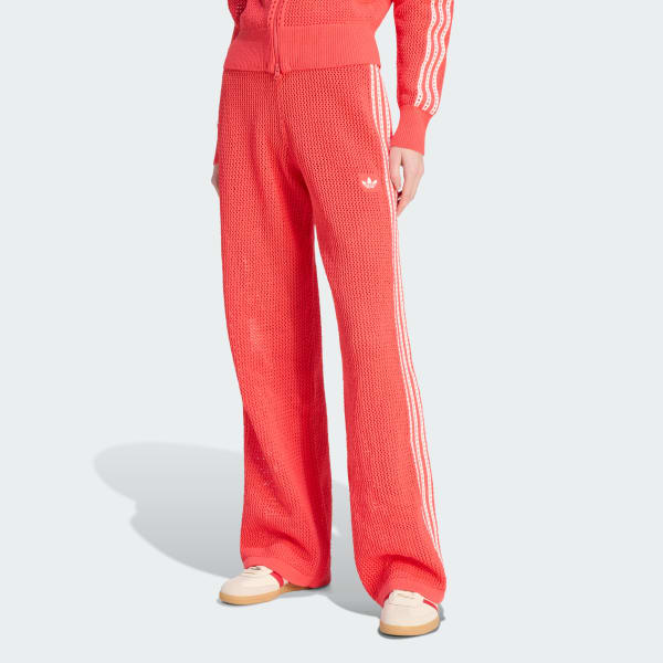 Red KNITTED CROCHET FIREBIRD TRACK PANTS