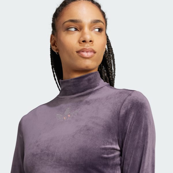 adidas Long Sleeve Rhinestone Trefoil Velvet Crop Top Purple Free Shipping with adiClub adidas US