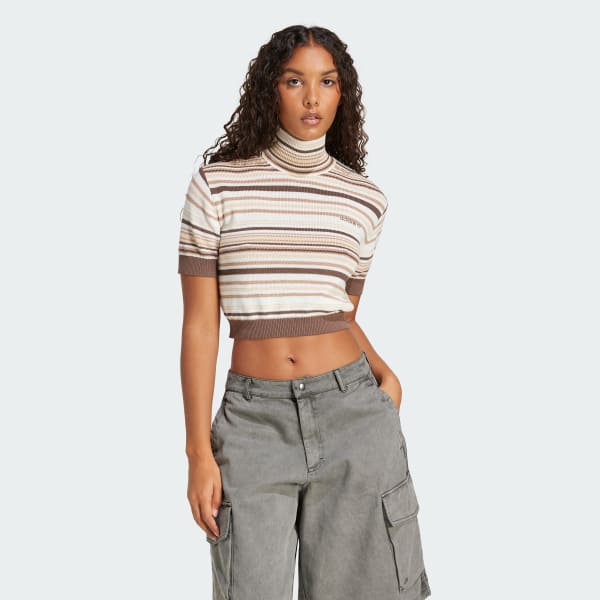 Brown Striped Cropped Turtleneck