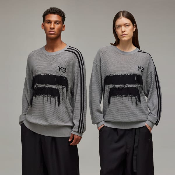 Grey Y-3 Graphic Knit Crew Sweater