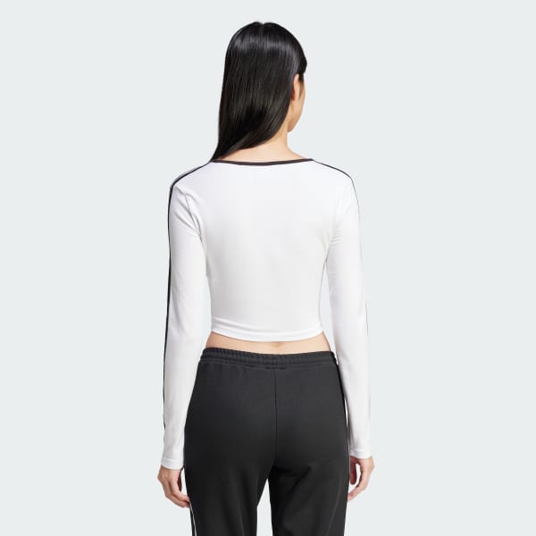 Branco Camiseta Cropped Manga Longa Adicolor Três Listras