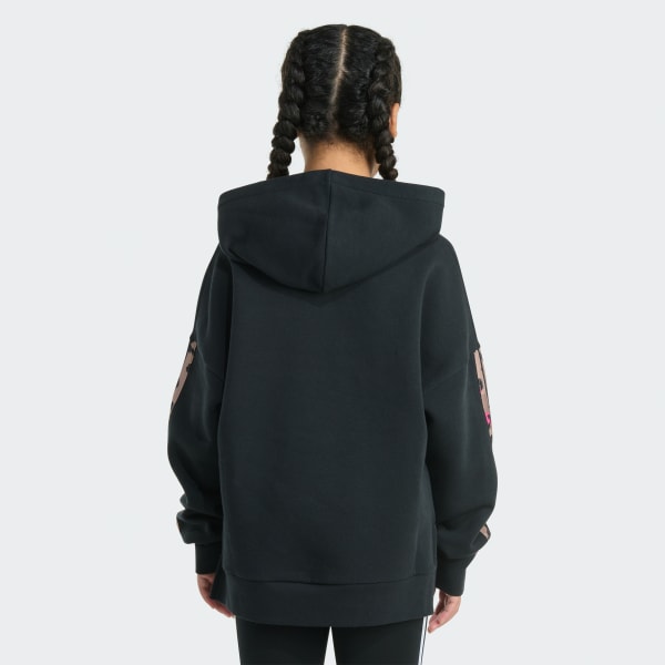 Black Long Sleeve Printed 3-Stripes Slit Fleece Pullover Hoodie

