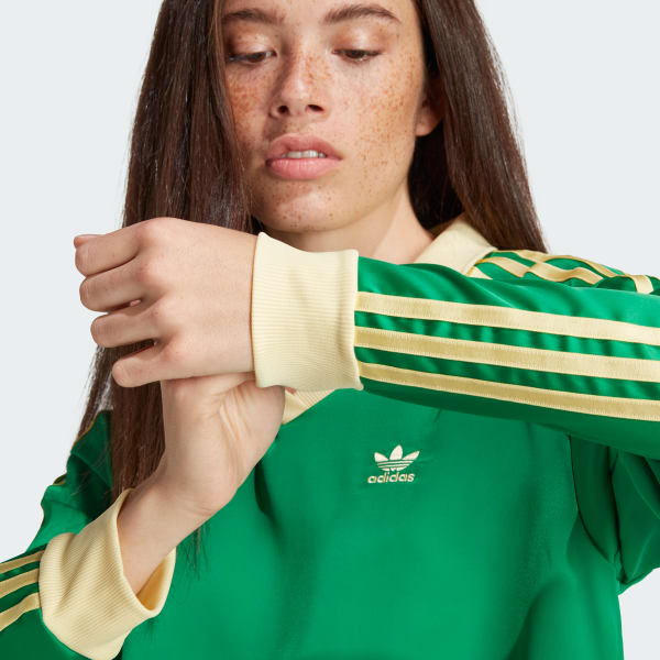 adidas オリジナルス☆スリーストライプス サテンゲームシャツ １回着用美品 アディダス スリーストライプス サテン 長袖Tシャツ - グリーン