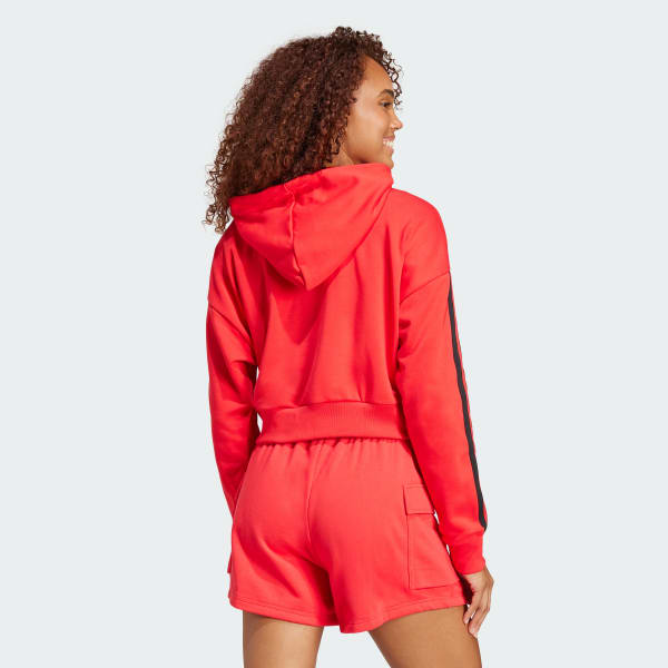Vermelho Moletinho Capuz Cropped Essentials Três Listras