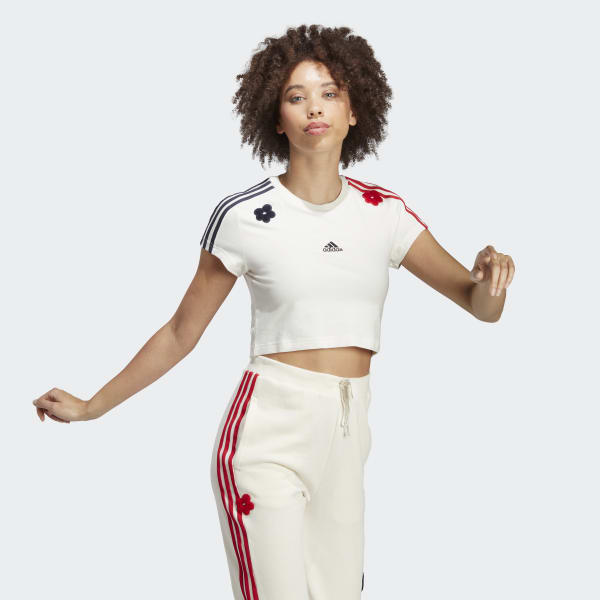adidas 3-Stripes Cropped Tee with Chenille Flower Patches - White ...