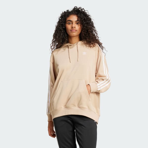 Adidas Originals Women s Adicolor 3 Stripes Oversized Hoodie Beige Size Medium Polyester Cotton