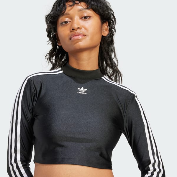 adidas Women's Lifestyle 3-Stripes Cropped Long Sleeve Tee - Black