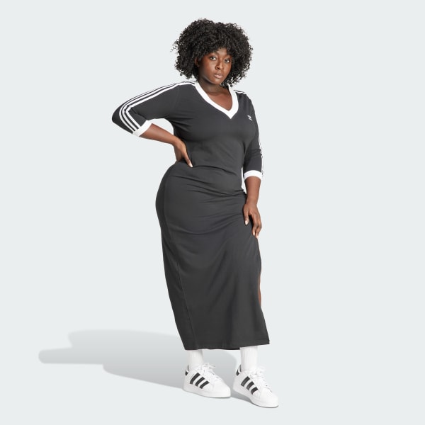 Black Adicolor Classics 3-Stripes V-Neck Maxi Dress (Plus Size)