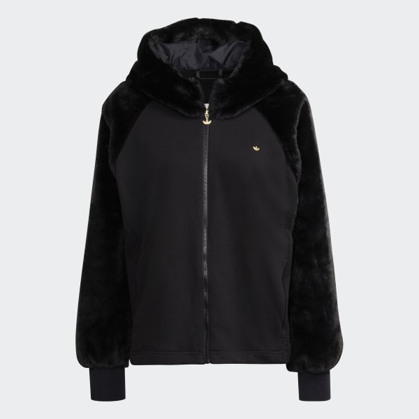 adidas Zip Hoodie with Fake Fur on Hood and Sleeves Black