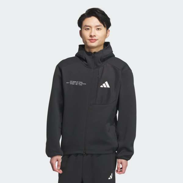 ゆう　アディダス オールブラック レザーライク ジャケット フード付 ゆう アディダス オールブラック レザーライク ジャケット
