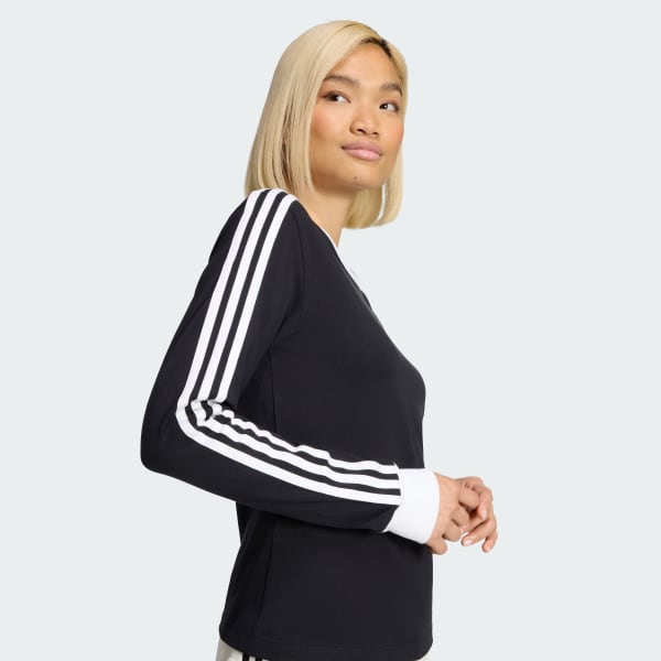 adidas 3 STRIPES LONG SLEEVE (SLIM) T-Shirt - Black | Free