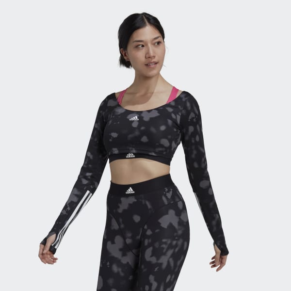 adidas Training 3 stripe leggings, bra and long sleeve crop top in