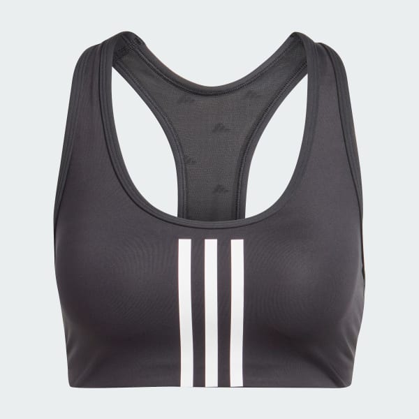 adidas Training 3 Stripe design mid-support sports bra in dark