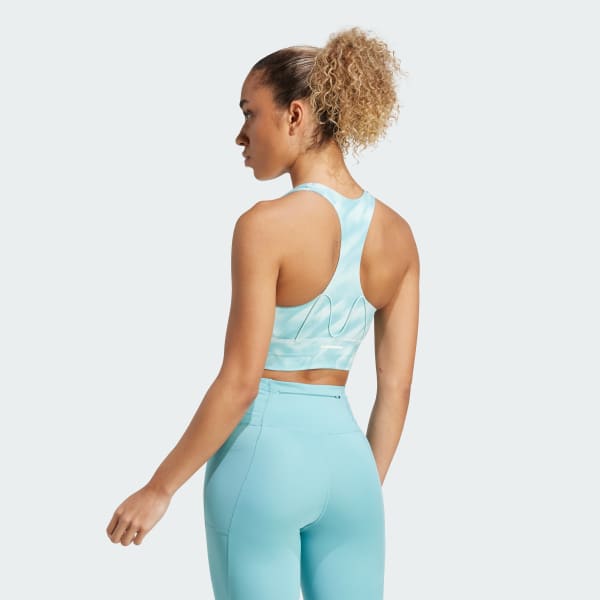 Turquesa Top deportivo de sujeción media con bolsillo para correr con estampado integral