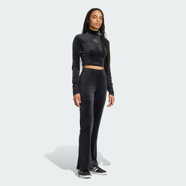 Black Long Sleeve Rhinestone Trefoil Velvet Crop Top