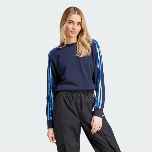 adidas Buzo Tiras Floral Estampado Felpa Francesa Azul