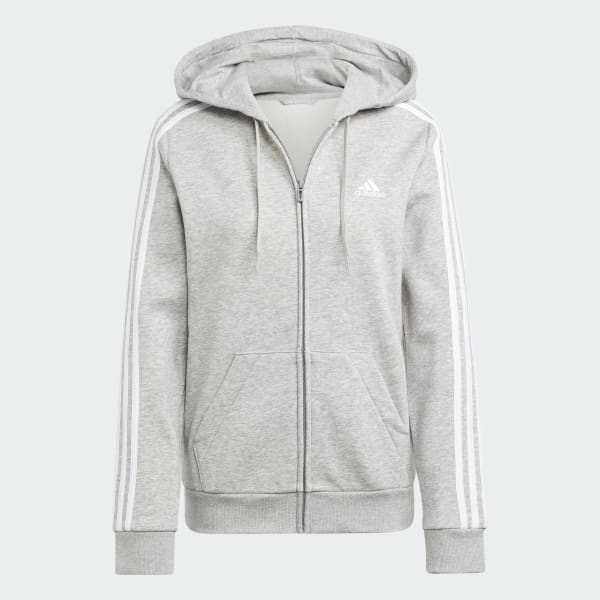 Szary Essentials Fleece 3-Stripes Full-Zip Hoodie