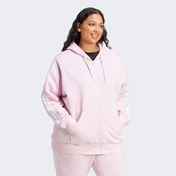 ruzová Flísová mikina s kapucňou Essentials s 3 prúžkami (plus size)