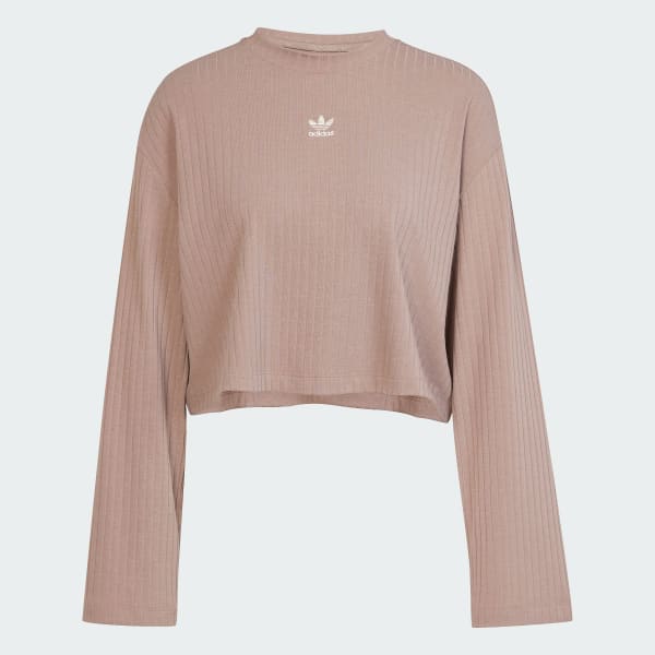 สีน้ำตาล เสื้อยืดแขนยาวผ้าริบทรงกว้าง Essentials