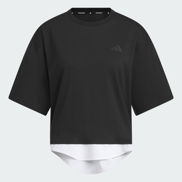 ブラック レイヤード ルーズフィット半袖コットンTシャツ