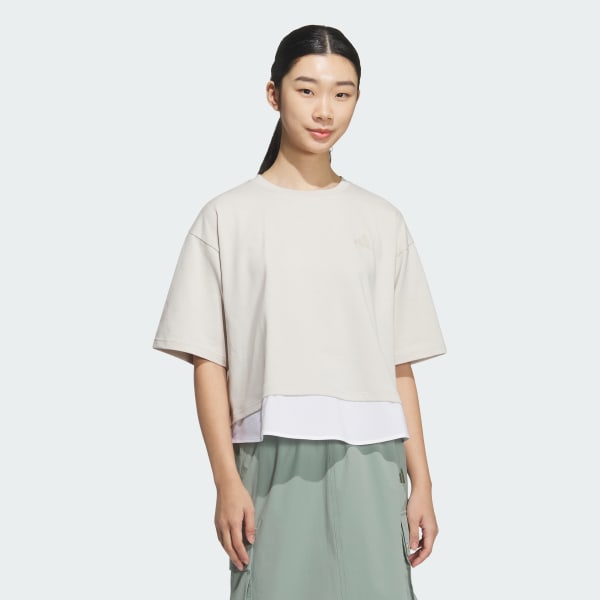 ベージュ レイヤード ルーズフィット半袖コットンTシャツ