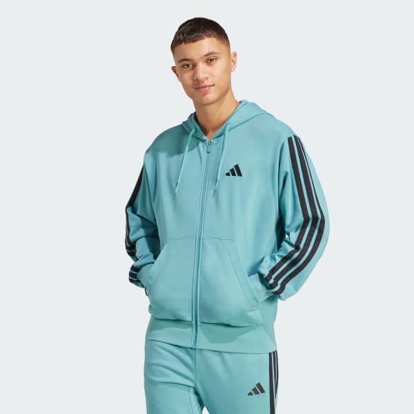 tyrkysová Mikina Essentials 3-Stripes French Terry Full-Zip