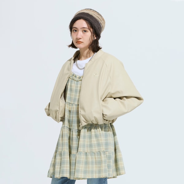 ベージュ プレザー ボンバー 人工ダウンジャケット