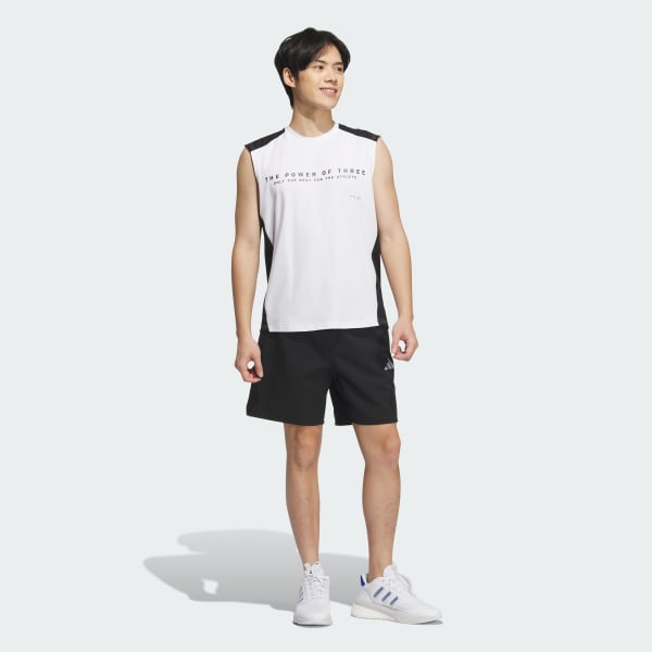 ホワイト Adptn レギュラーフィット ホリゾンタル ストライプス テクスチャード ダブルニット ノースリーブTシャツ