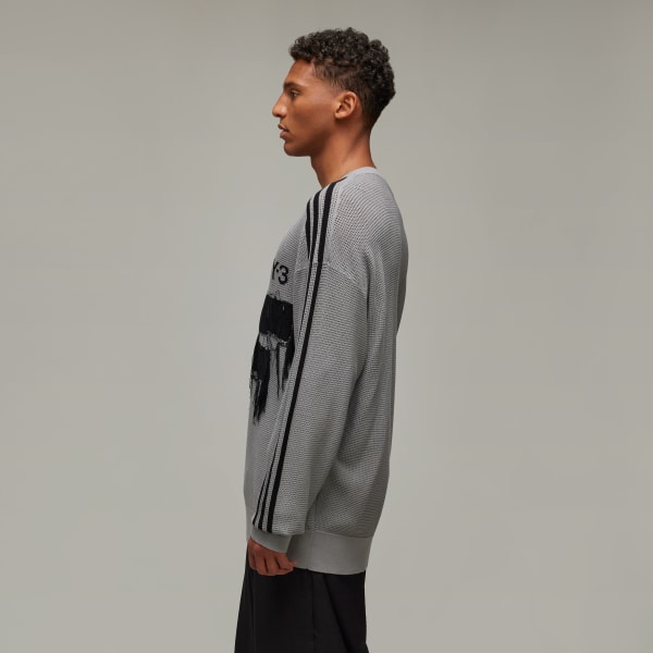 สีเทา เสื้อสเวตเตอร์คอกลมผ้าถักพิมพ์ลาย Y-3
