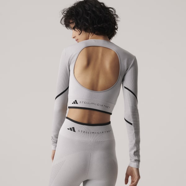 Gris Remera Corta de Yoga TrueStrength adidas by Stella McCartney Sin Costuras Manga Larga