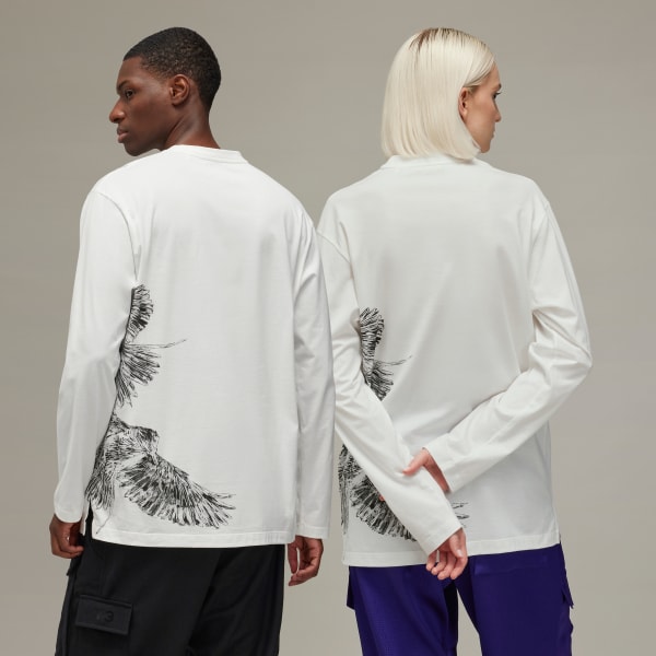 สีขาว เสื้อยืดแขนยาวพิมพ์ลาย Y-3