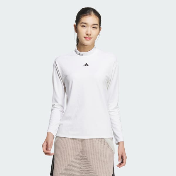 สีขาว เสื้อโปโลคอสูงแขนยาวผ้าแจ็คการ์ดแต่งโลโก้