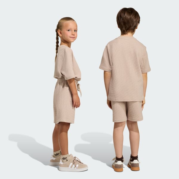 Bege Conjunto Camiseta/Shorts Folgados Waffle