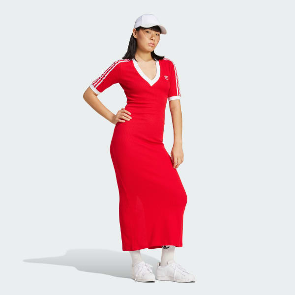 Red Adicolor 3-Stripes Knit V-Neck Dress
