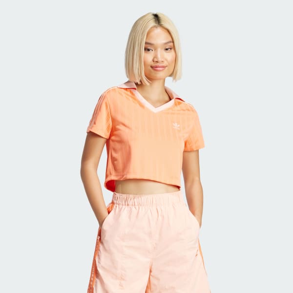Laranja Camisa Polo Cropped Gola V Adicolor Football Jacquard