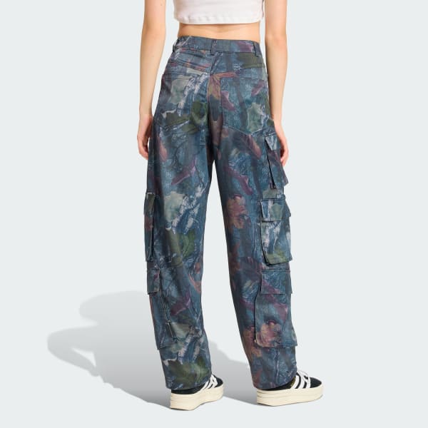 ブラック アディダス オリジナルス リーフ カモフラージュプリント サテン カーゴパンツ