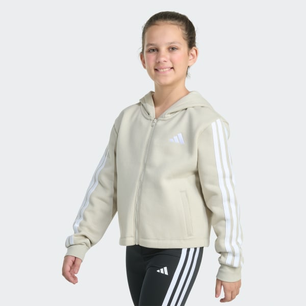 adidas Long Sleeve Full-Zip 3-Stripe Fleece Jacket - Beige | Free