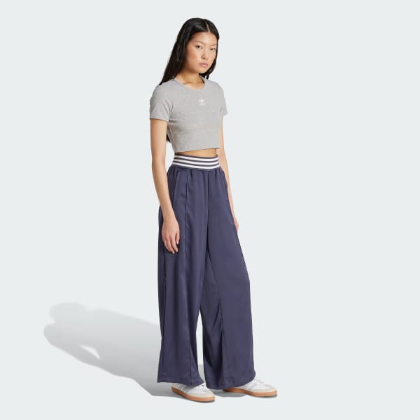 ブルー ストライプ リブ ワイドレッグ トラックパンツ