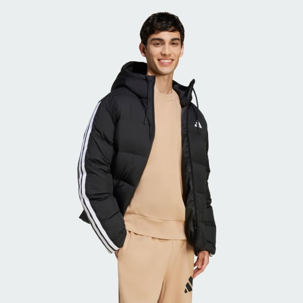Black Essentials Climawarm 3-Stripes Puffer Down Hooded Jacket