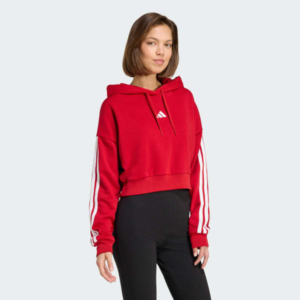 Rojo Sudadera Corta con Gorro Essentials 3 Franjas Felpa Francesa