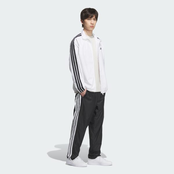 ブラック スリーストライプス ルーズフィット 起毛トリコット裏地付き フルレングス オープンヘム ウィンドパンツ