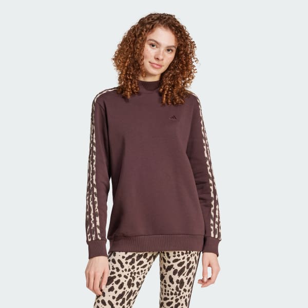 Adidas Essentials 3 Stripes Animal Print Sweatshirt Shadow Brown L Womens Originals Hoodies Sweatshirts