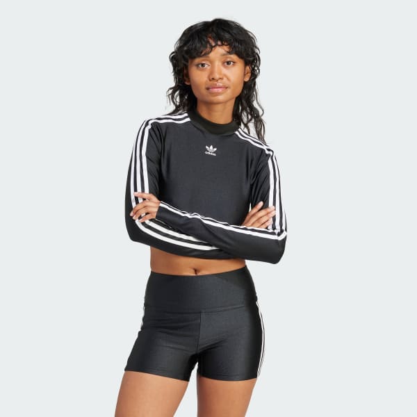 adidas Training 3 stripe leggings, bra and long sleeve crop top in gray