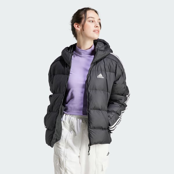 Essentials 3-Stripes Mid Down Hooded jakke - Sort | adidas Denmark