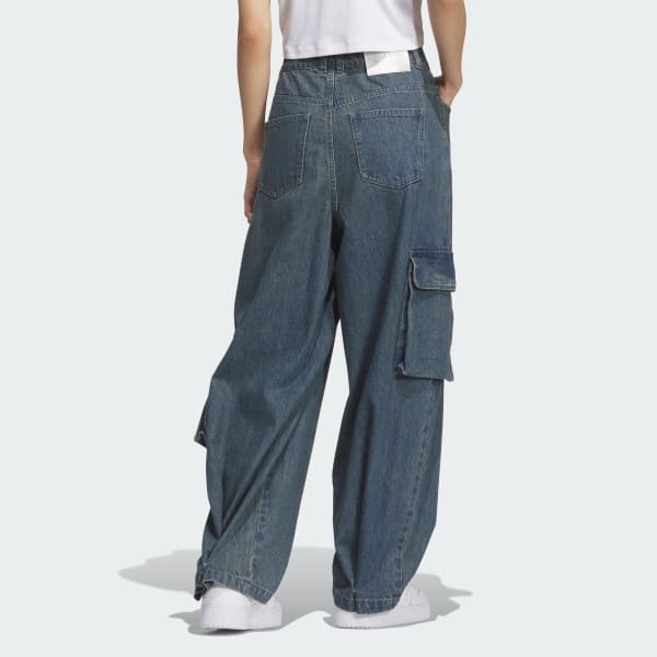 สีน้ำเงิน กางเกงคาร์โก้ผ้าเดนิมเนื้อนุ่ม