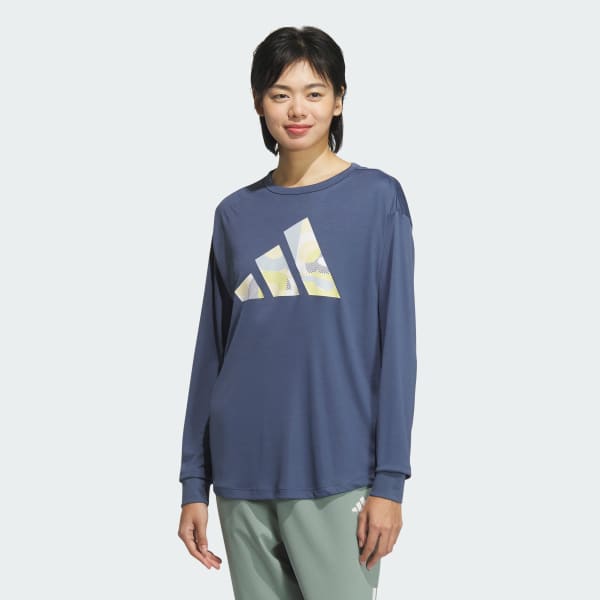 ブルー 長袖 グラフィックTシャツ