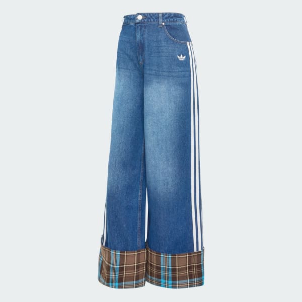 Bleu JEAN VINTAGE À JAMBE LARGE AVEC COUTURE À CARREAUX